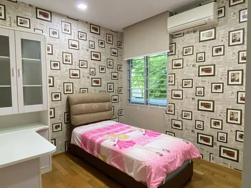 Bedroom features: single bed with pink bedding featuring cartoon characters, wooden flooring, wallpaper with framed photo patterns, window with horizontal slats, air conditioning unit, built-in wardrobe with glass doors, study desk, decorative wall art; style: modern; view: garden.