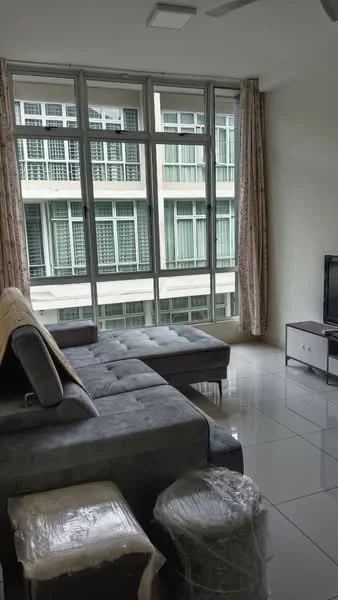 Living features: grey fabric sectional sofa, floor-to-ceiling windows, sheer curtains, white walls, glossy tile flooring, TV console, wall-mounted TV, decorative throw pillows, coffee table, area rug, ceiling fan with light, decorative wall art; style: modern; view: city.