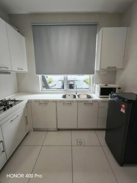 Kitchen features: white cabinetry, double-bowl stainless-steel sink, chrome pull-down faucet, gas cooktop with 4 burners, white countertop, black refrigerator, window with roller blinds, tile flooring; style: modern.