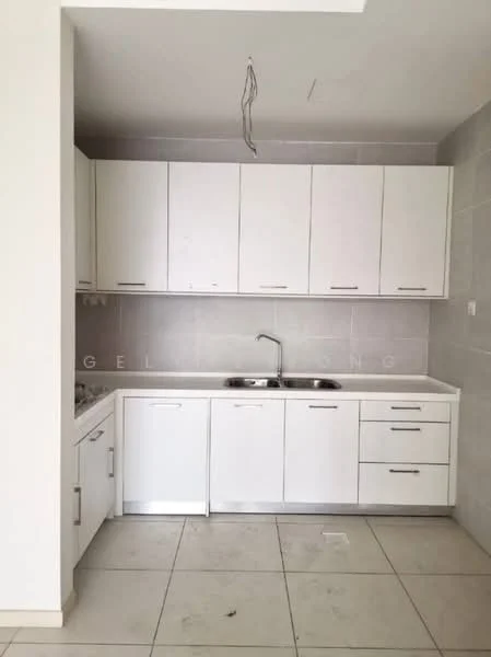 Kitchen features: white cabinetry, stainless-steel sink, chrome pull-down faucet, ceramic tile backsplash, grey tiled walls, light-colored tile flooring, built-in oven, freestanding range oven, under-cabinet lighting, drawer storage, countertop space, open shelving; style: modern.