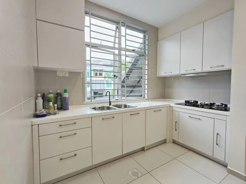 Kitchen features: white cabinetry, stainless-steel sink, chrome pull-down faucet, gas hob, built-in oven, white countertop, tile backsplash, ceramic tile flooring, window with horizontal slats, recessed downlights; style: modern.