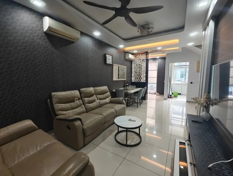 Living features: 3-seater leather sofa in beige, coffee table with circular top, wall-mounted TV, TV console, recessed downlights, ceiling fan, cream tiled flooring, black accent wall with pattern, air conditioning unit, decorative wall art, open layout to dining area; style: modern.