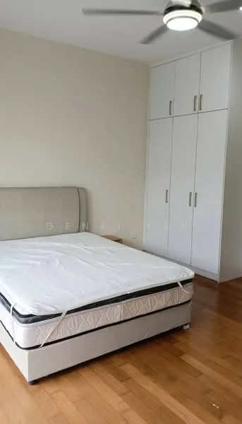Bedroom features: queen-size bed, upholstered headboard, built-in wardrobe with white doors, wooden flooring, ceiling fan with integrated light, neutral painted walls; style: modern.