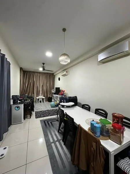 Dining features: white dining table, black dining chairs, pendant light fixture, 5-blade ceiling fan, wall-mounted split AC, grey curtains, cream painted walls, tile flooring, area rug with geometric pattern, decorative wall clock, kitchen appliances visible, storage containers on table; style: modern.