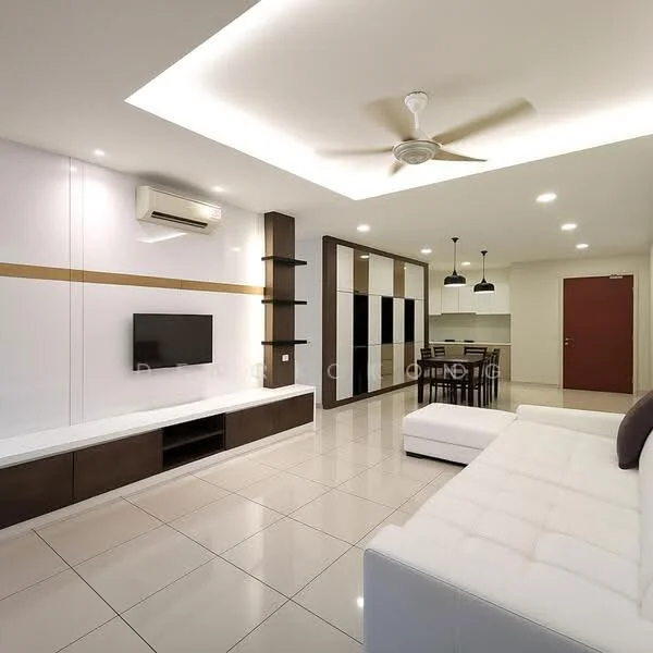 Living features: white leather sectional sofa, coffee table, wall-mounted TV, TV console with storage, ceiling fan with light, recessed LED downlights, cream tiled flooring, air conditioning unit, decorative wall with gold accent, open shelving unit, dining area with pendant lighting, dining table with chairs; style: modern.