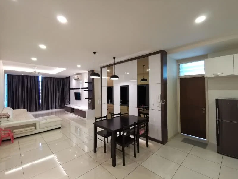 Living features: white leather sectional sofa, coffee table, wall-mounted TV, entertainment unit with storage, recessed downlights, 5-blade ceiling fan, large windows with sheer curtains, glossy tile flooring, decorative wall paneling; style: modern. Dining features: 4-seater dining table, black dining chairs, pendant lighting above table, open shelving unit, white cabinetry, stainless-steel fridge, tile flooring; style: modern.