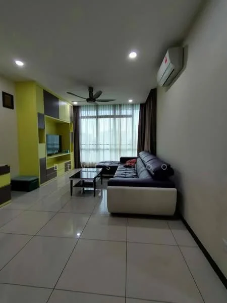 Living features: 3-seater leather sofa in white, 2-seater fabric sofa in dark purple, coffee table, TV console, wall-mounted TV, floor-to-ceiling windows, curtains, ceiling fan, wall-mounted split AC, light-colored walls, glossy tile flooring, decorative wall shelving, green accent wall; style: modern; view: city.