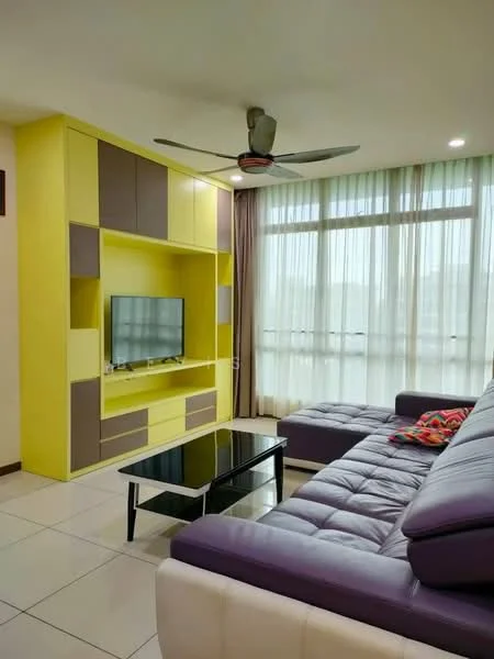 Living features: L-shape sectional sofa in purple, white leather sofa, glass coffee table, TV console with yellow and grey cabinetry, wall-mounted TV, floor-to-ceiling windows with sheer curtains, 5-blade ceiling fan, decorative cushions, white tiled flooring, recessed downlights; style: modern; view: city.