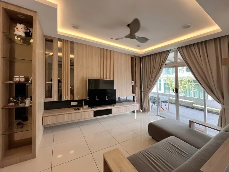 Living features: grey fabric sofa, wall-mounted TV, wooden TV console, floating shelves, recessed lighting, tray ceiling with LED lights, floor-to-ceiling windows, sliding glass door, curtains, white tiled flooring, ceiling fan; style: modern; view: garden.