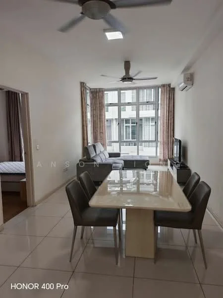 Dining features: rectangular dining table with marble top, 4 upholstered dining chairs in grey, white tiled flooring, ceiling fan with light, wall-mounted TV, large windows with sheer curtains, air conditioning unit, decorative wall art; style: modern. Living features: 3-seater fabric sofa in light grey, coffee table, floor-to-ceiling windows, white walls, light-colored curtains; style: modern.