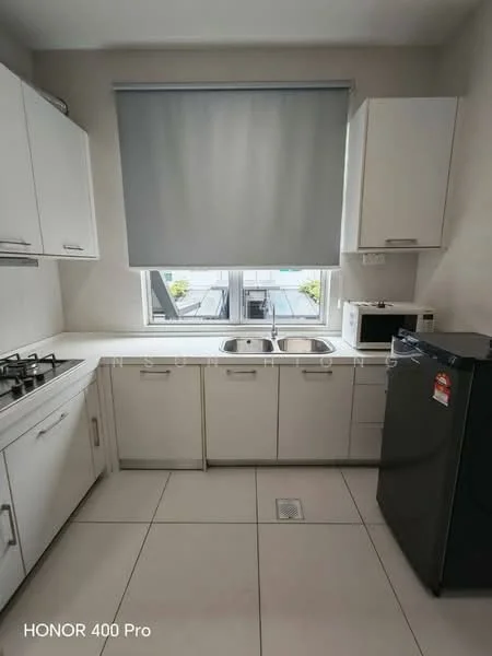 Kitchen features: white cabinetry, double-bowl stainless-steel sink, chrome pull-down faucet, gas cooktop with 4 burners, black refrigerator, white countertop, tile flooring, window with roller blinds, microwave, built-in oven; style: modern.