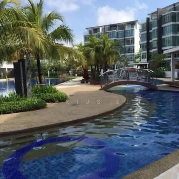 Exterior type: swimming pool deck; features: infinity pool, bridge over water, tropical landscaping with palm trees, pool deck with loungers, water feature, surrounding residential buildings, clear blue sky; style: modern.