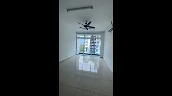 Living features: white painted walls, polished ceramic tile flooring, 5-blade ceiling fan with light, floor-to-ceiling windows, sliding glass door, city view, recessed downlights; style: modern; view: city.