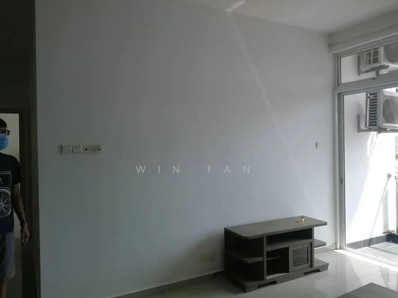 Room features: white painted walls, glossy tile flooring, floor-to-ceiling windows, sliding glass door, 1 wall-mounted split AC, TV console, natural light from windows; style: modern.