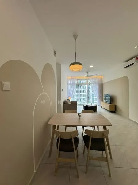 Dining features: light wood dining table, 2 wooden dining chairs, cream painted walls, grey accent wall, recessed downlights, pendant light, floor-to-ceiling windows, curtains, air conditioning unit, tile flooring; style: modern; view: city. Living features: beige fabric sofa, TV console, wall-mounted TV, decorative items on console, open layout, natural light from windows; style: modern; view: city.