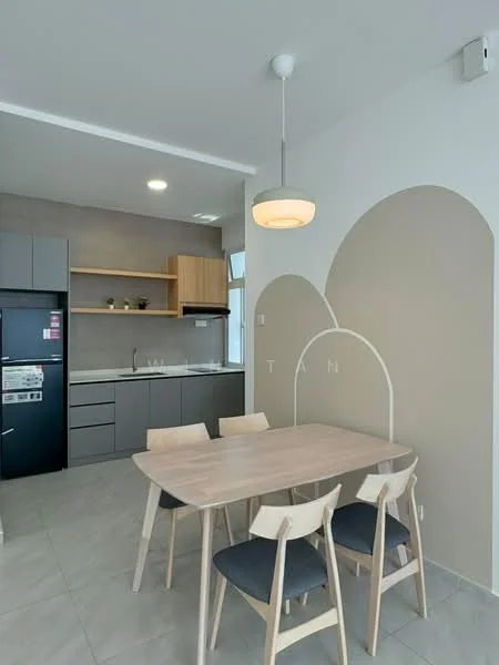 Kitchen features: grey cabinetry, wooden open shelving, stainless-steel fridge, built-in oven, 4-burner gas hob, single-bowl stainless-steel sink, chrome pull-down faucet, grey tile backsplash, light grey tile flooring, pendant light fixture, dining table with four chairs; style: modern.