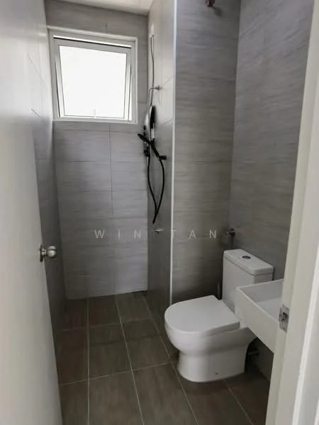 Bathroom features: grey tiled walls, light grey tiled flooring, one-piece toilet, single-sink vanity with white cabinet, chrome basin mixer faucet, shower with handheld showerhead, window for natural light, mirror above sink; style: modern.