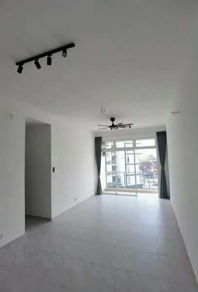 Living features: white painted walls, grey tile flooring, 5-blade ceiling fan with light, track lighting, floor-to-ceiling windows, sliding glass door, sheer curtains; style: modern; view: garden.