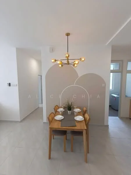 Dining features: wooden dining table, 4 wooden dining chairs, pendant light fixture with multiple bulbs, neutral wall color, arched wall design, decorative plant on table, ceramic plates on table, tile flooring; style: modern. Room features: white painted walls, window with natural light, doorway leading to another room.
