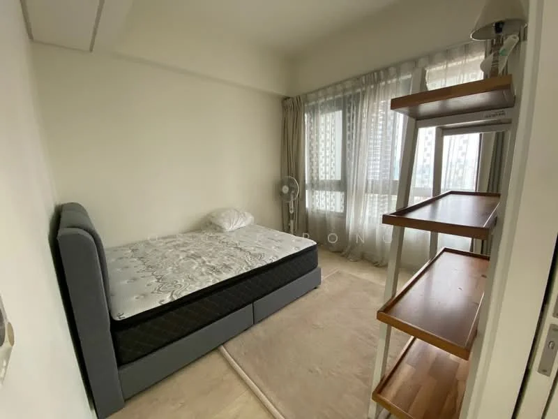Bedroom features: single bed, grey upholstered bed frame, white bedding, floor-to-ceiling windows, sheer curtains, wooden shelving unit, fan, light-colored flooring, white painted walls; style: modern; view: city.