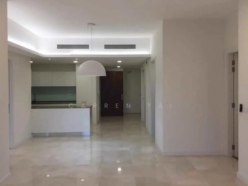 Room features: marble tile flooring, white painted walls, recessed downlights, pendant lamp, kitchen island with countertop, open layout, doorway leading to other rooms, neutral color palette; style: modern.