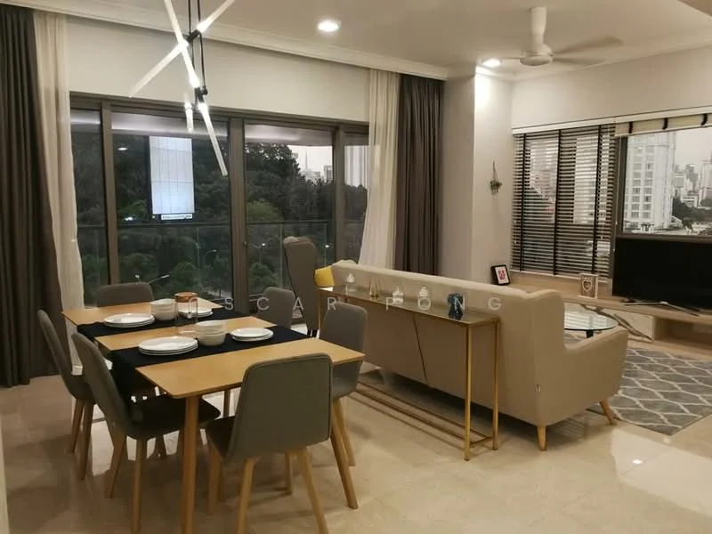 Dining features: 6-seater dining table, upholstered dining chairs, pendant light, floor-to-ceiling windows, curtains, light-coloured walls, marble tile flooring, decorative wall art; style: modern; view: garden. Living features: 3-seater fabric sofa in light grey, coffee table, TV console, wall-mounted TV, area rug with geometric pattern, ceiling fan, decorative plants; style: modern; view: garden.