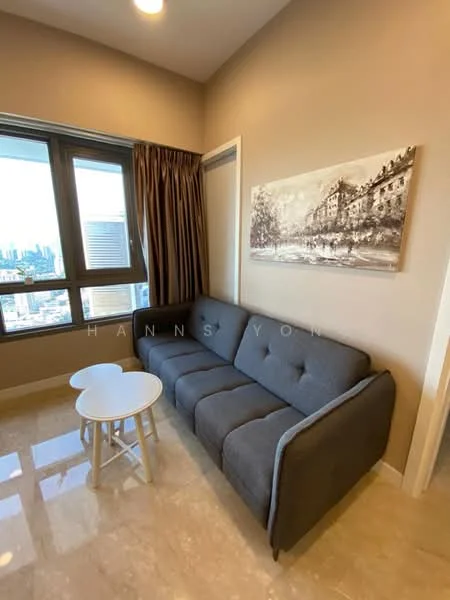 Living features: grey fabric sofa, small round white coffee table, floor-to-ceiling windows, curtains, marble flooring, wall-mounted artwork, neutral painted walls, recessed ceiling lights; style: modern; view: city.