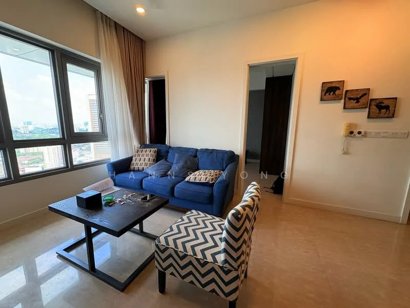 Living features: blue fabric sofa, chevron patterned armchair, wooden coffee table, marble tile flooring, floor-to-ceiling windows, sheer curtains, decorative wall art, light fixtures, wall-mounted power outlet; style: modern; view: city.