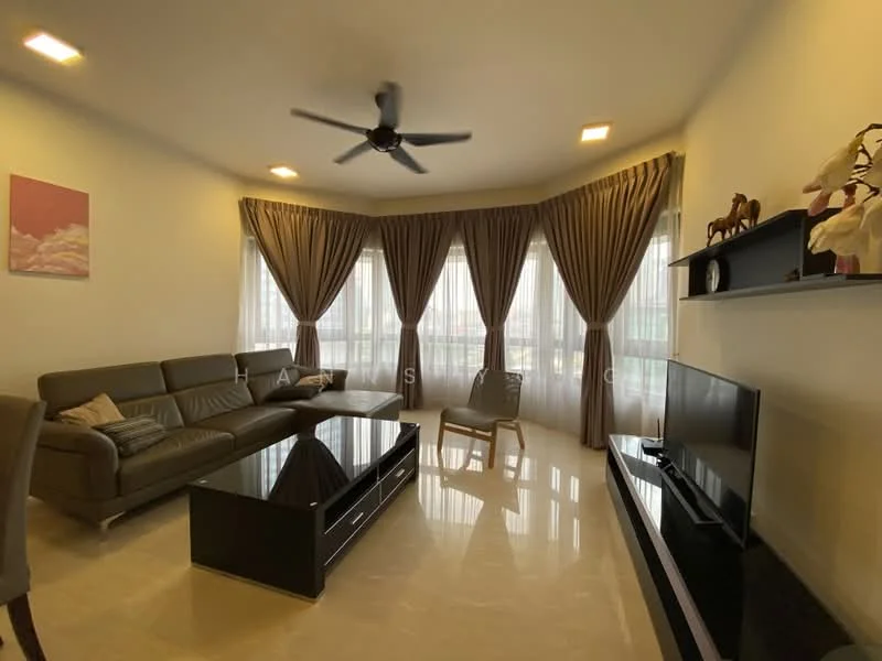 Living features: 3-seater leather sofa in grey, coffee table with black surface, TV console, wall-mounted TV, floor-to-ceiling windows, sheer curtains, heavy drapes in beige, 5-blade ceiling fan with light, marble tile flooring, decorative wall art, decorative horse figurines on shelf; style: modern; view: city.