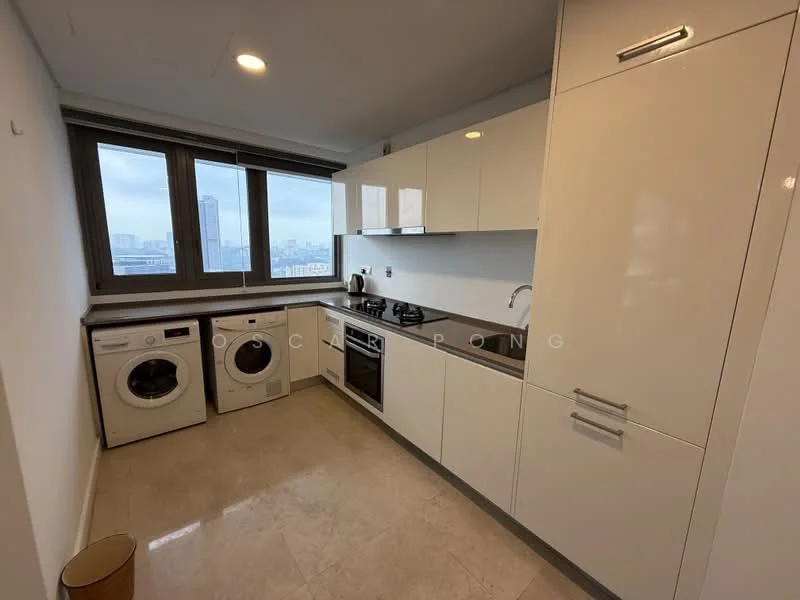 Kitchen features: white glossy cabinetry, black countertop, stainless-steel built-in oven, 4-burner gas hob, stainless-steel range hood, single-bowl stainless-steel sink, chrome pull-down faucet, white washing machine, white dryer, marble tile flooring, floor-to-ceiling windows, city view; style: modern; view: city.