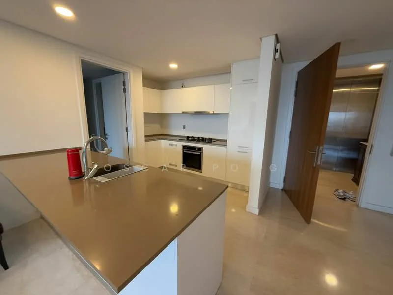 Kitchen features: white cabinetry, brown countertop, stainless-steel sink, chrome pull-down faucet, built-in gas stove, oven, refrigerator, pendant lighting, marble tile flooring, open layout, island with seating, wall-mounted cabinets; style: modern. Room features: doorway leading to another room, neutral wall color, light fixtures.