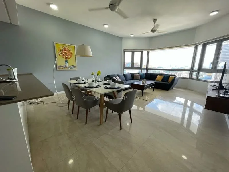 Living features: grey fabric sectional sofa, wooden coffee table, TV console, wall-mounted TV, floor-to-ceiling windows, city view, 2 ceiling fans, marble tile flooring, decorative artwork, area rug with geometric pattern; style: modern; view: city. Dining features: 6-seater dining table, upholstered dining chairs, vase with flowers, table setting with plates and cutlery; style: modern; view: city.