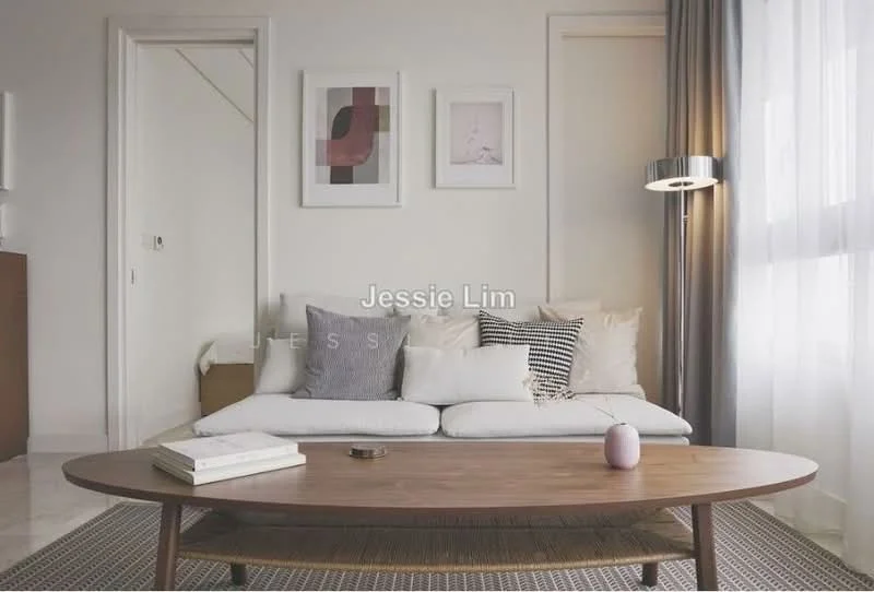 Living features: white painted walls, marble flooring, large windows with sheer curtains, 3-seater fabric sofa in white, decorative cushions in various patterns, wooden coffee table with oval shape, framed artwork on walls, floor lamp with metallic finish; style: modern.