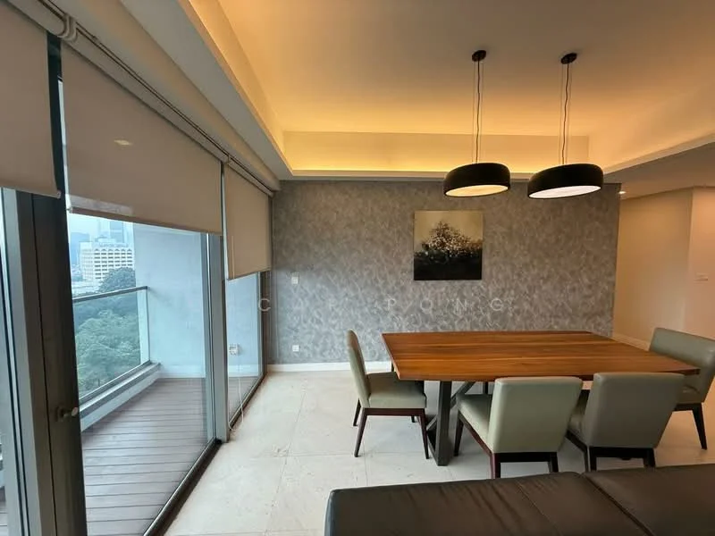 Dining features: wood dining table, upholstered dining chairs, floor-to-ceiling windows, roller blinds, decorative wall art, grey accent wall, recessed lighting, light fixtures with black shades, marble flooring, balcony view; style: modern; view: city.