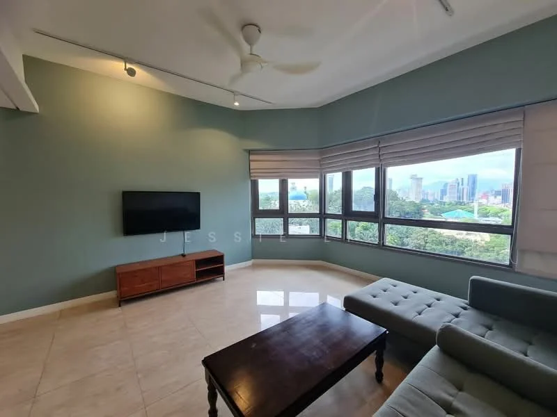 Living features: light green painted walls, white ceiling, 5-blade ceiling fan, large windows with city view, roller blinds, tile flooring, wall-mounted TV, wooden TV console, grey fabric sectional sofa, wooden coffee table; style: modern; view: city.