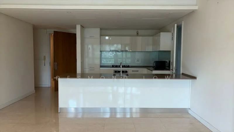 Kitchen features: white cabinetry, stainless-steel gas hob, built-in oven, microwave, black countertop, single-bowl stainless-steel sink, chrome pull-down faucet, tile backsplash, marble tile flooring, recessed downlights, open layout, island with breakfast bar; style: modern.