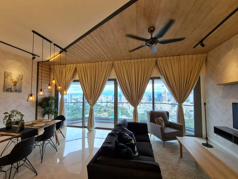 Living features: 5-blade ceiling fan with light, floor-to-ceiling windows, sheer curtains, beige wall with wood paneling, light wood ceiling, marble flooring, black fabric sofa, wooden coffee table, TV console, decorative wall art, dining table with black chairs, indirect lighting; style: modern; view: city.
