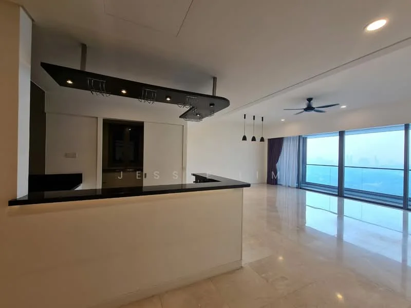 Living features: marble tile flooring, floor-to-ceiling windows, city view, 5-blade ceiling fan with light, recessed downlights, black countertop, kitchen island with seating, pendant lights above island, open layout, curtains, neutral wall color; style: modern. Kitchen features: black countertop, kitchen island, pendant lights, open layout, stainless-steel appliances; style: modern; view: city.