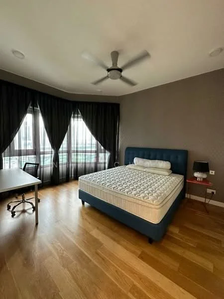 Bedroom features: king-size bed with upholstered headboard, wooden flooring, 5-blade ceiling fan, floor-to-ceiling windows, blackout curtains, decorative wall with patterned wallpaper, study desk, rolling chair, nightstand with lamp; style: modern; view: city.