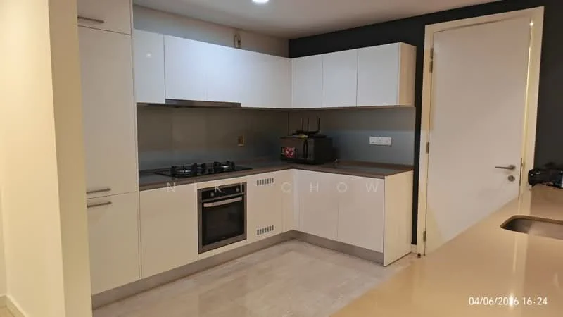 Kitchen features: white flat-panel cabinets, grey countertop, stainless-steel built-in oven, 4-burner gas hob, stainless-steel sink, single-bowl sink, black kitchen backsplash, recessed downlights, wall-mounted microwave, cream-colored walls, light-colored flooring; style: modern.