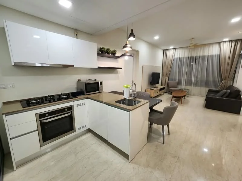 Kitchen features: white flat-panel cabinets, grey countertop, stainless-steel sink, chrome pull-down faucet, 4-burner gas hob, built-in oven, microwave, refrigerator, pendant lighting, marble tile flooring, wall-mounted cabinets, open shelving, decorative plants on shelf; style: modern. Living features: 3-seater fabric sofa in grey, coffee table, wall-mounted TV, curtains, area rug, ceiling fan; style: modern.