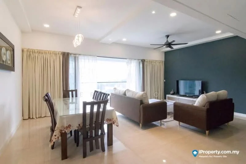 Living features: 3-seater fabric sofa in brown, 2-seater fabric sofa in brown, coffee table, wall-mounted TV, TV console, ceiling fan, recessed downlights, floor-to-ceiling windows, sheer curtains, area rug with geometric pattern, decorative wall with dark paint, marble tile flooring; style: modern; view: city. Dining features: 6-seater dining table, upholstered dining chairs, tablecloth with floral pattern, chandelier, curtains, marble tile flooring; style: modern; view: city.