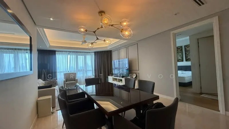 Living features: dining table with black glass top, 8 black upholstered dining chairs, chandelier with multiple bulbs, floor-to-ceiling windows with sheer curtains, light grey painted walls, marble tile flooring, wall-mounted TV, white TV console, sofa in light fabric, decorative mirror, recessed downlights, ceiling fan; style: modern; view: city. Room features: light grey painted walls, carpeted flooring, bedroom visible through doorway.