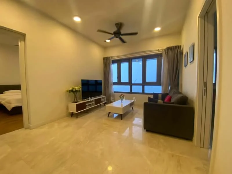 Living features: marble tile flooring, white painted walls, 5-blade ceiling fan with light, sofa in grey, coffee table, TV console, wall-mounted TV, floor-to-ceiling windows, sheer curtains, decorative wall art; style: modern; view: city.