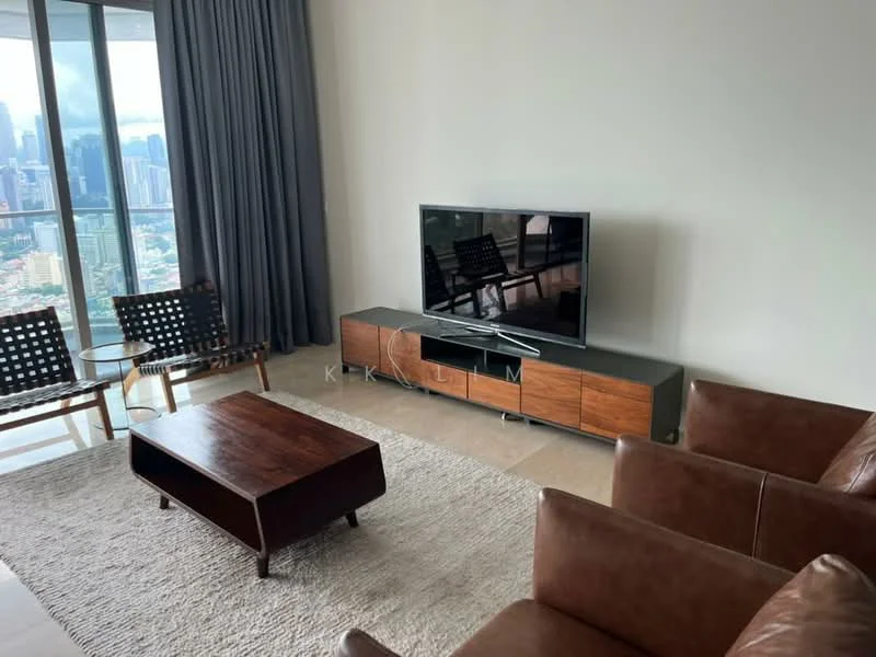 Living features: brown leather sofa, wood coffee table, area rug with neutral color, TV console with wooden drawers, flat-screen TV, floor-to-ceiling windows, sheer curtains, city skyline view, two black woven chairs; style: modern; view: city.