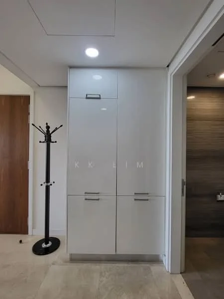 Room features: white cabinetry, two upper cabinets with handles, two lower cabinets with handles, recessed lighting, neutral wall color, tile flooring, coat rack, modern design; style: modern.