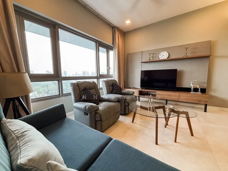 Living features: light grey painted walls, cream ceiling, marble tile flooring, floor-to-ceiling windows, grey fabric sofa, 2 reclining armchairs in beige, glass coffee table, wood TV console, wall-mounted TV, decorative wall clock, decorative items on console, sheer curtains; style: modern; view: city.
