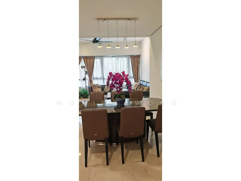 Dining features: 6-seater dining table, upholstered dining chairs in brown, glass tabletop, pendant lighting with multiple bulbs, decorative vase with purple orchids, neutral wall color, large windows with sheer curtains, marble flooring; style: modern. Living features: sofa in light blue, coffee table, floor lamp, area rug, curtains, TV console, wall-mounted TV; style: modern.