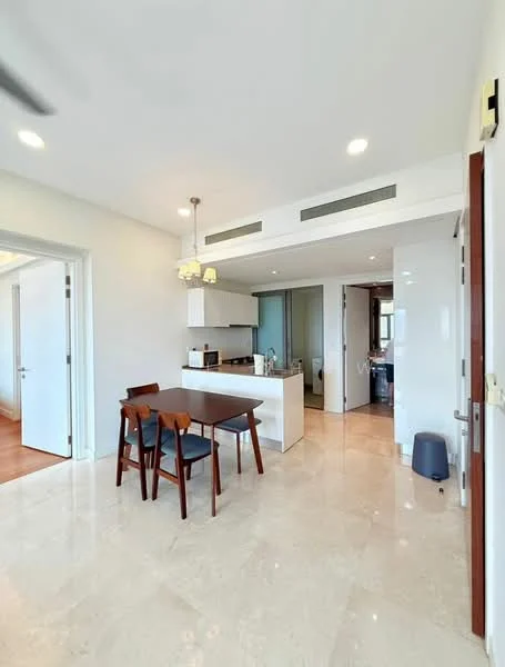 Dining features: marble tile flooring, white painted walls, recessed downlights, 6-seater dining table, wooden dining chairs, pendant light fixture, open kitchen layout, kitchen island, floor-to-ceiling windows, sliding glass door; style: modern. Kitchen features: white cabinetry, stainless-steel appliances, built-in oven, freestanding range oven, double-bowl stainless-steel sink, chrome pull-down faucet, quartz countertop, backsplash with white tiles; style: modern.