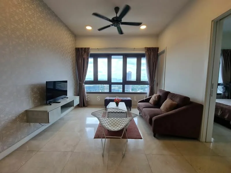 Living features: 3-seater fabric sofa in brown, coffee table with geometric design, wall-mounted TV, TV console with storage, floor-to-ceiling windows, sheer curtains, ceiling fan with light, marble flooring, decorative wall with geometric pattern, area rug in orange, light fixtures in ceiling; style: modern; view: city.